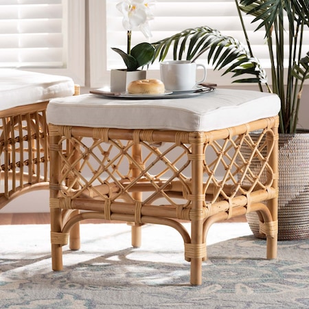 Baxton Studio Orchard Modern Bohemian White Fabric Upholstered and Natural Brown Rattan Ottoman 203-12585